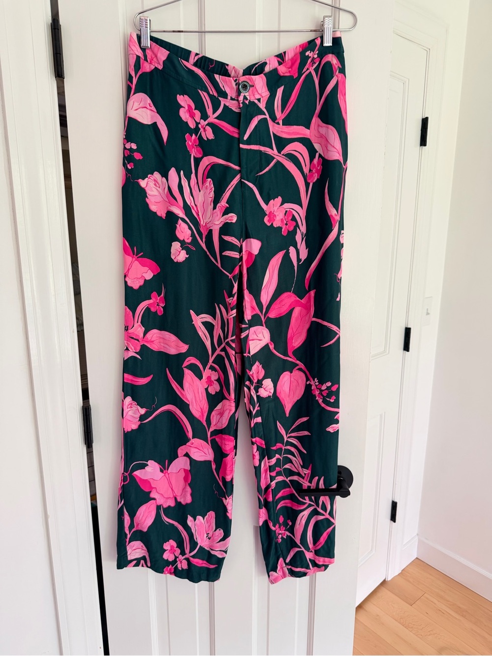 Anthropologie Dark Green Pants with Bright Pink Floral Print